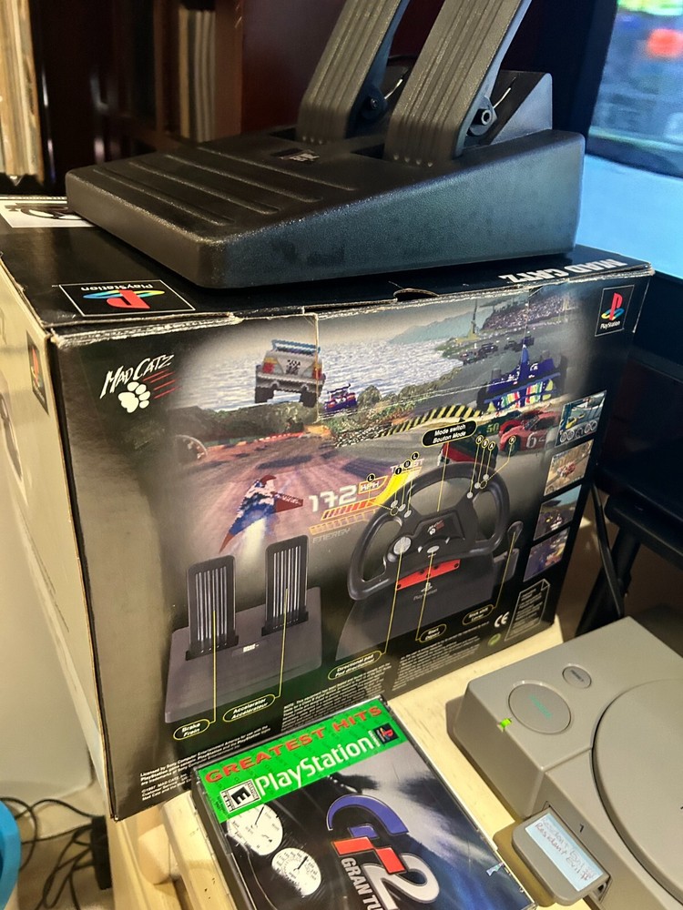 Sony Playstation PS1 Bundle w 2 Games, Controller, Memory Card, & Racing Wheel