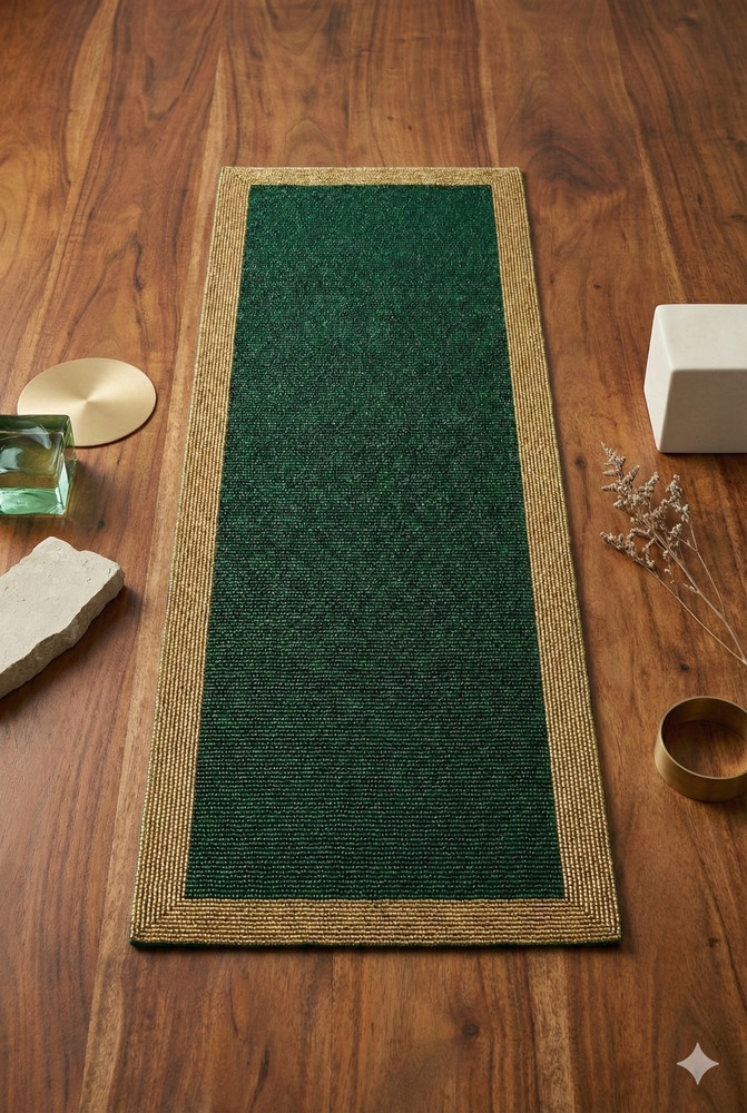 Luxury Emerald Green & Gold Beaded Table Runner - Handcrafted Elegance