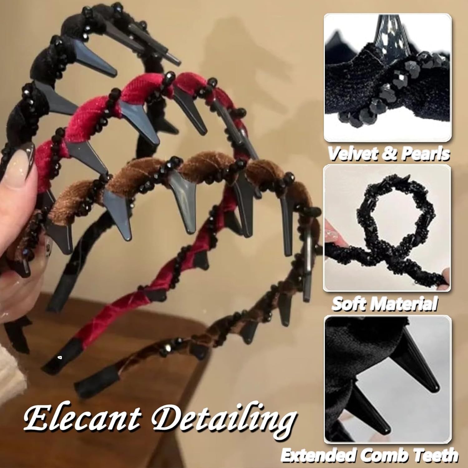 6Pcs Headbands with Teeth for Women Retro High Skull Pearl Headbands Non Slip