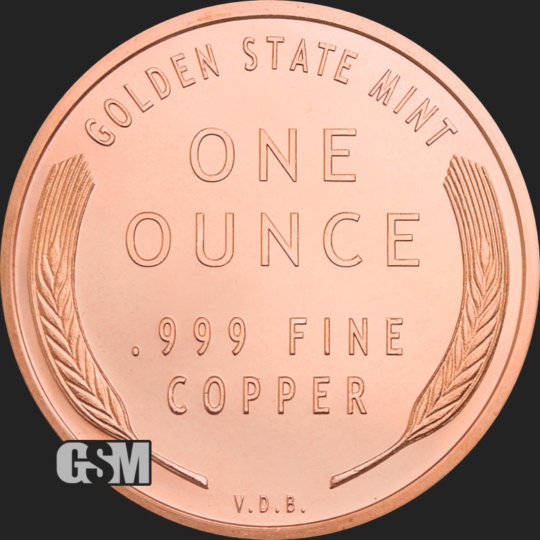 1 Oz. Solid .999 Fine Copper Round - Lincoln Wheat Cent - Golden State Mint