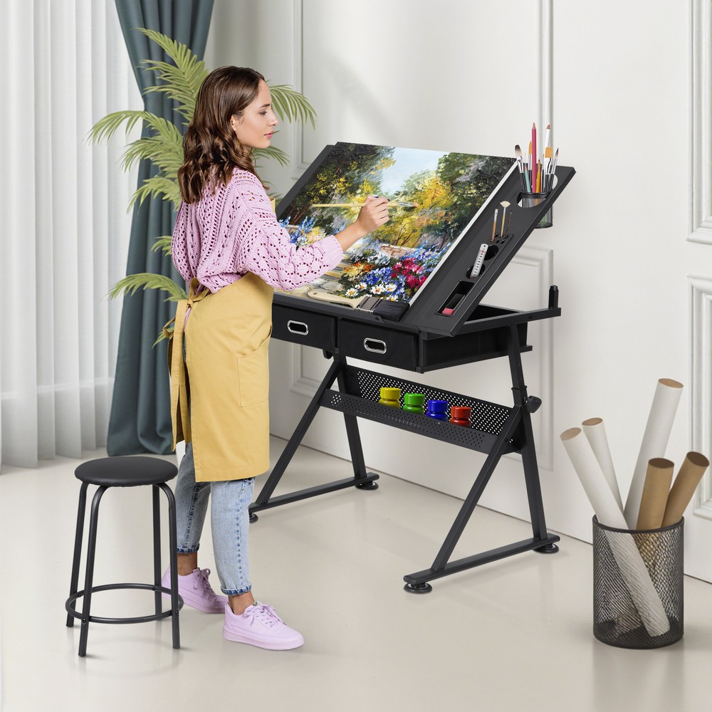 Adjustable Drafting Table Art Desk Drawing Table with Drawers, Stool Black