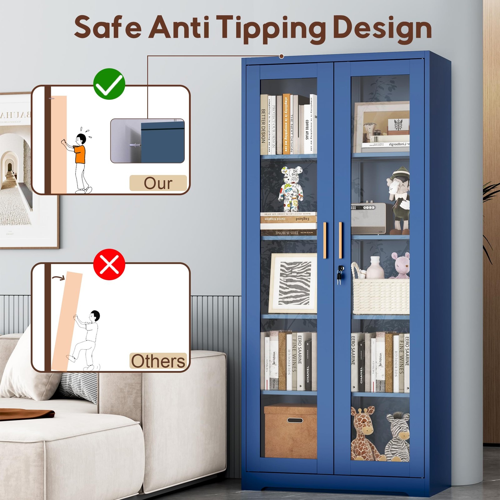 Liquor Bookcase with Doors 4 Adjustable Shelves Lockable Display Cabinet Blue