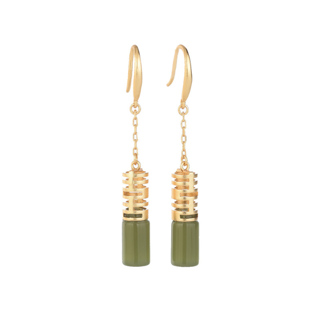 Green Jade Drop Dangle Earrings Gemstone Boho Minimalist Hook 18K Gold Plated