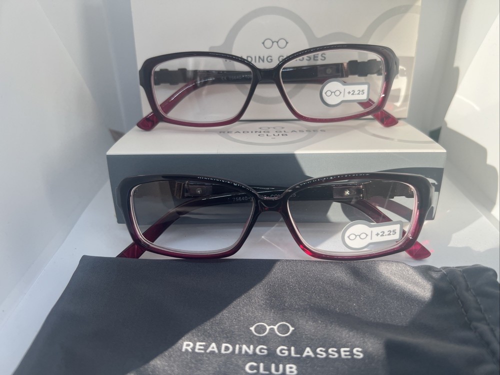2PK Reading Glasses Premium +2.25 Womens Black/Burgundy Rectangular Strong Hinge