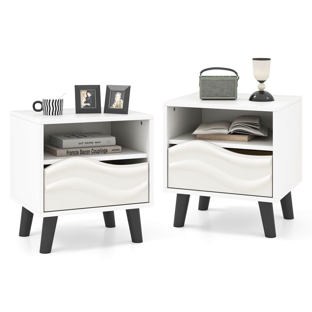2PCS Nightstand w/Drawer 3D Wavy Pattern Open Shelf Small Sofa Couch Side Table
