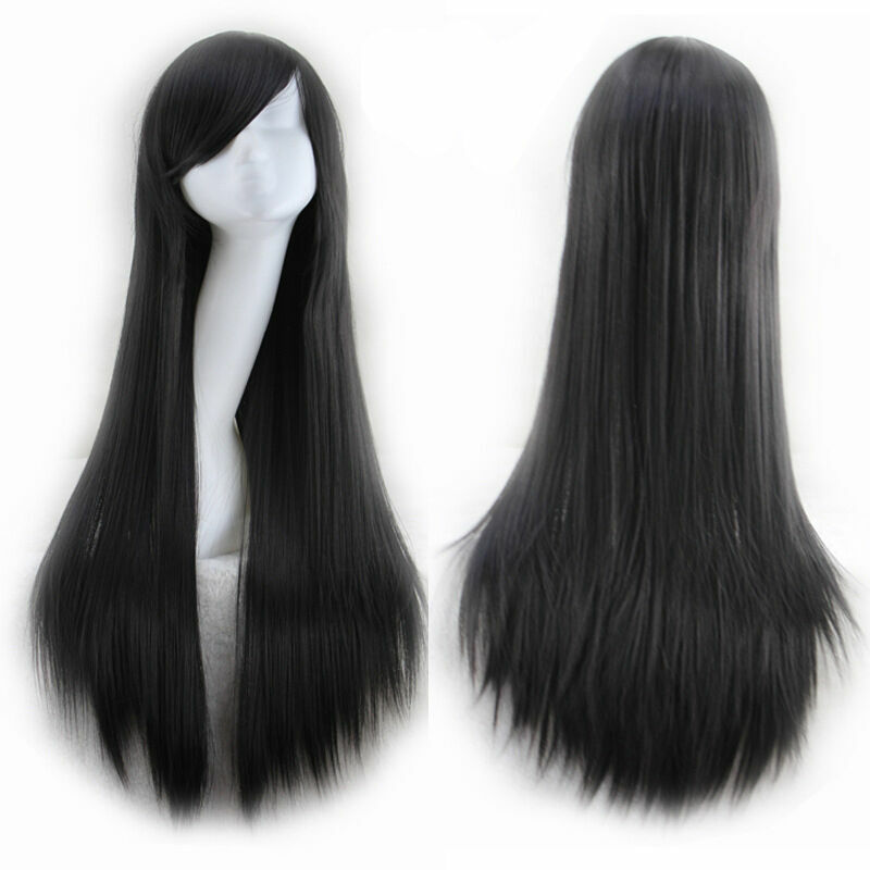 Black Straight Sleek Long Full Hair Wigs w Side Bangs Cosplay Costume Womens