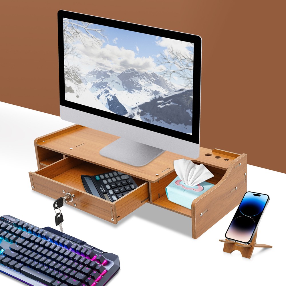 Monitor Stand Riser, Computer Laptop Riser Shelf with Lockable Organizer Drawers