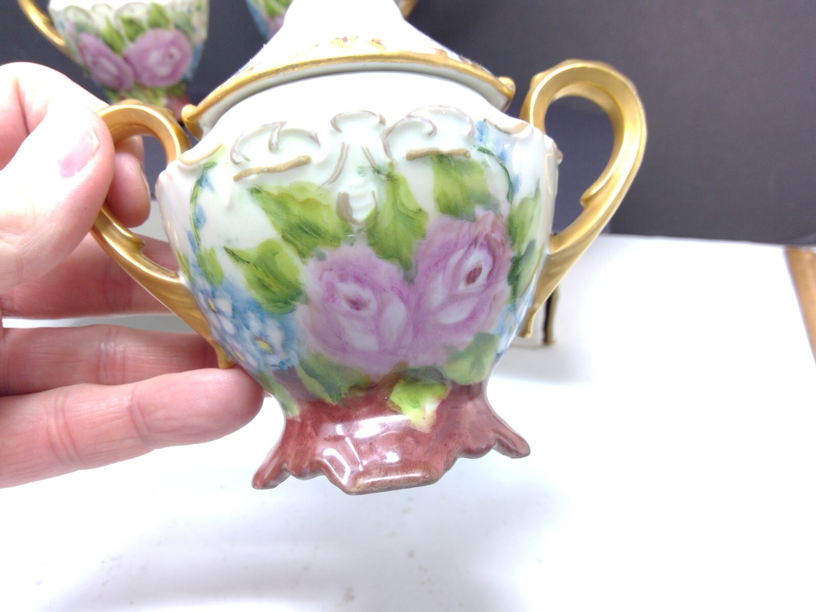 Vintage Gand Painted Roses Coffee Pot Creamer & Sugar Set