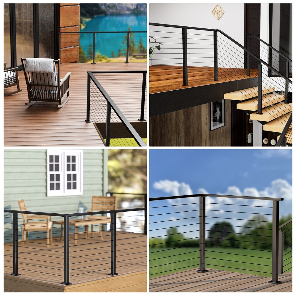 Muzata T-Corner 42"x2"x2"Fixed Top Black Cable Railing Post PS02 B34L