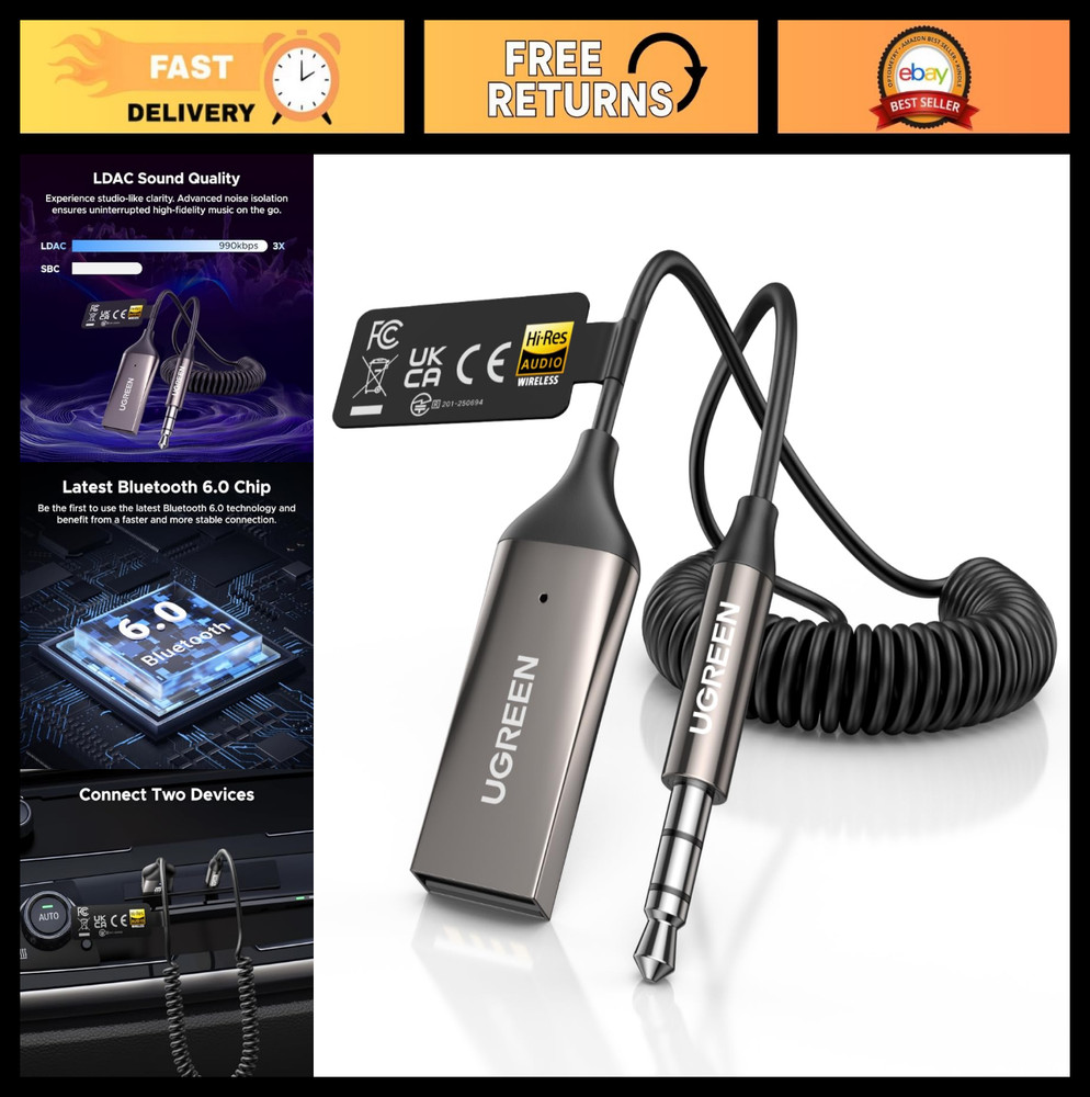 Bluetooth 6.0 Car Adapter, 3.5mm Aux Receiver with Microphone, Hands-Free Calls,