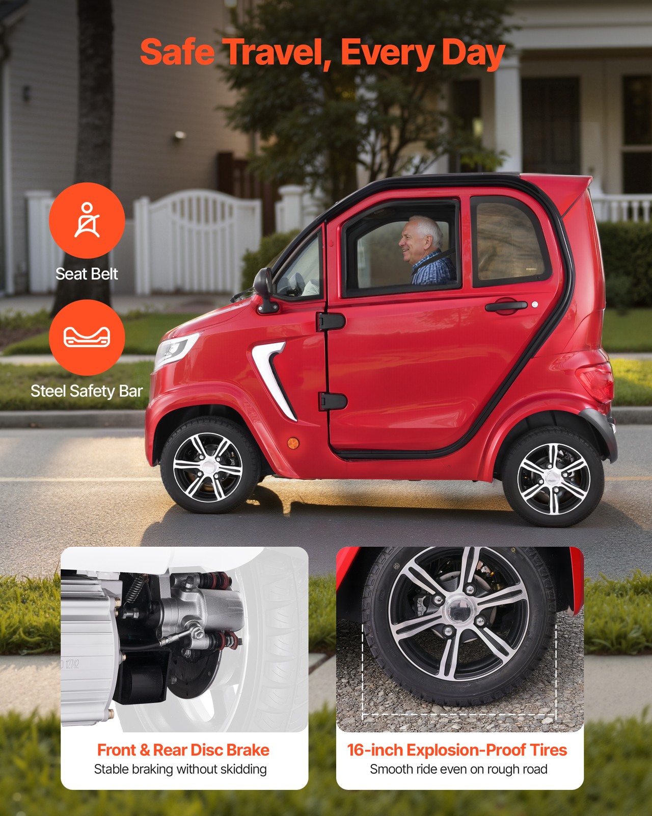 VEVOR 4-Wheel Enclosed Mobility Scooter for Seniors 660lbs Capacity 3-Seater