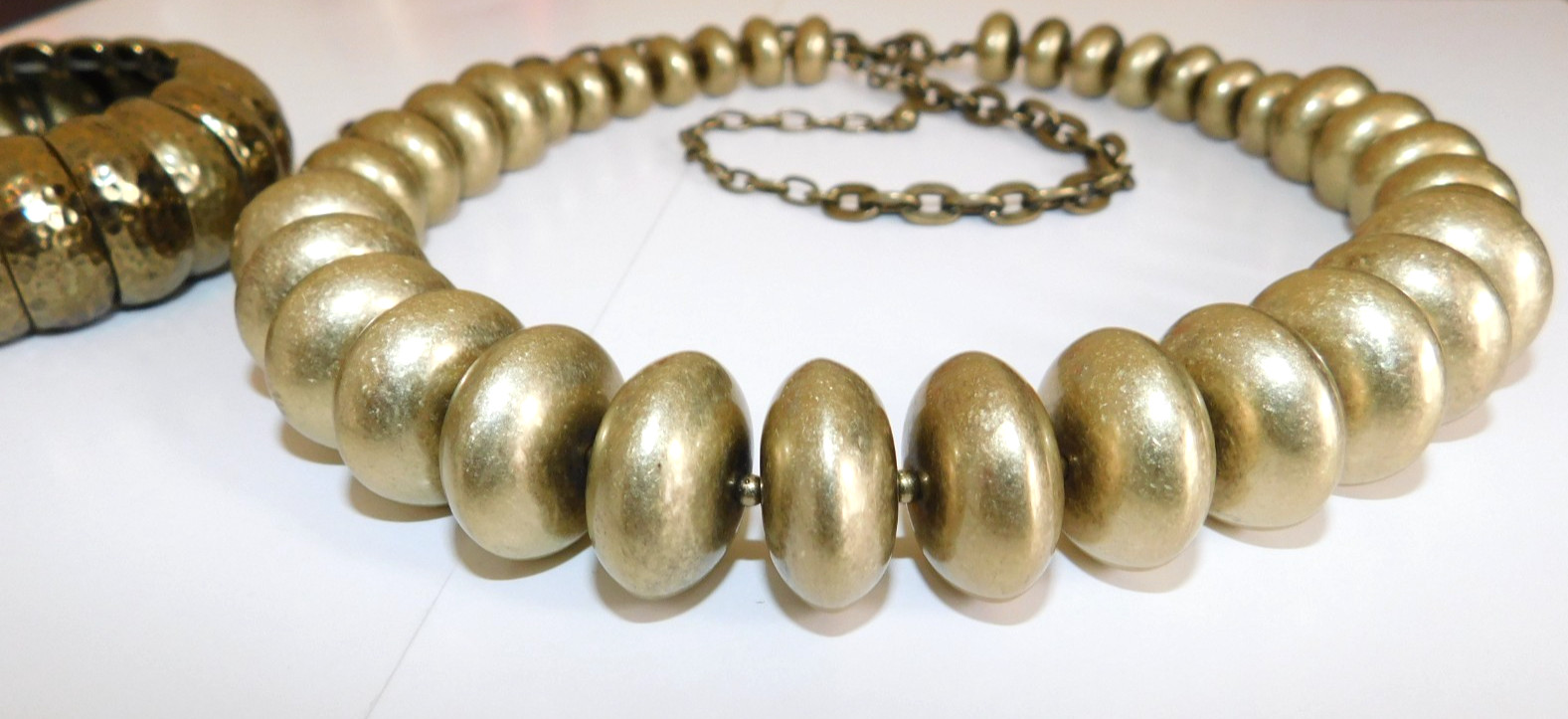 Vtg JOAN RIVERS Brass Tone Graduated Disc Bead Necklace & Stretch Bracelet Lot