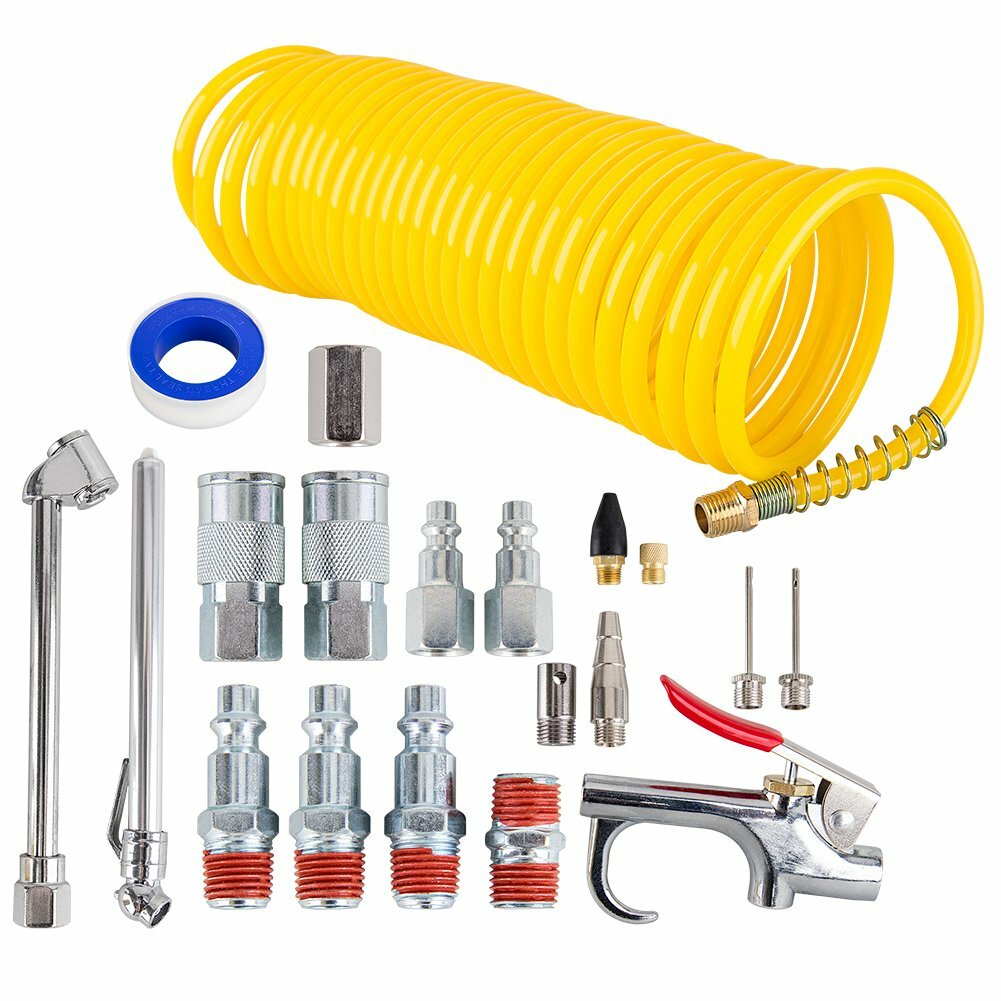 New 20pcs Air Compressor Accessory Kit 25Ft Recoil Hose Gun Nozzles Set 1/4" NPT