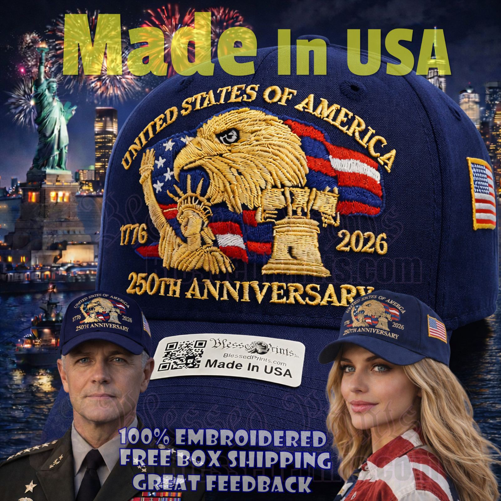 USA 250th Anniversary Hat Cap Eagle 1776 2026 Navy  Embroidered Made In USA V2.0