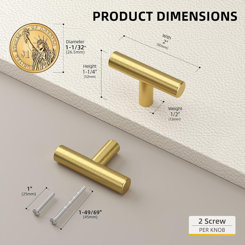 10 Pack Gold Cabinet Knobs Brushed Brass Drawer Knobs Gold Dresser Hardware - LS