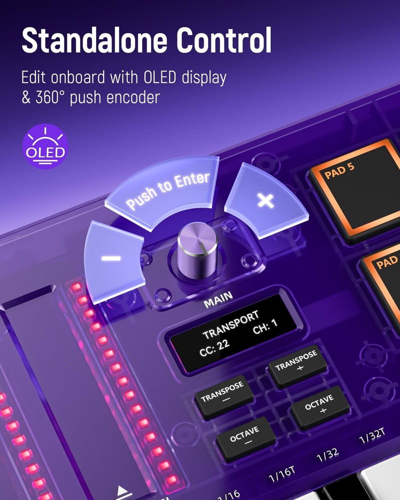 USB C MIDI Keyboard Controller 25 Keys with 8 Backlit Drum Pads, OLED Screen,...