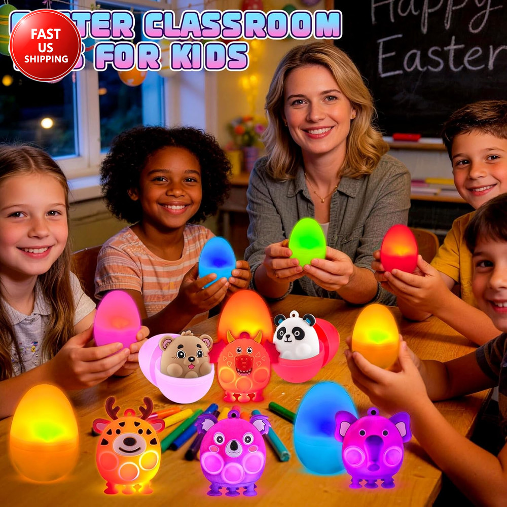 Prefilled Easter Eggs with Light up 3D Animal Pop Toys, 24 Pack Easter Eggs Fill