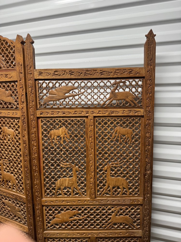 Mid-Century Carved Folding Four Panel Room Divider Screen