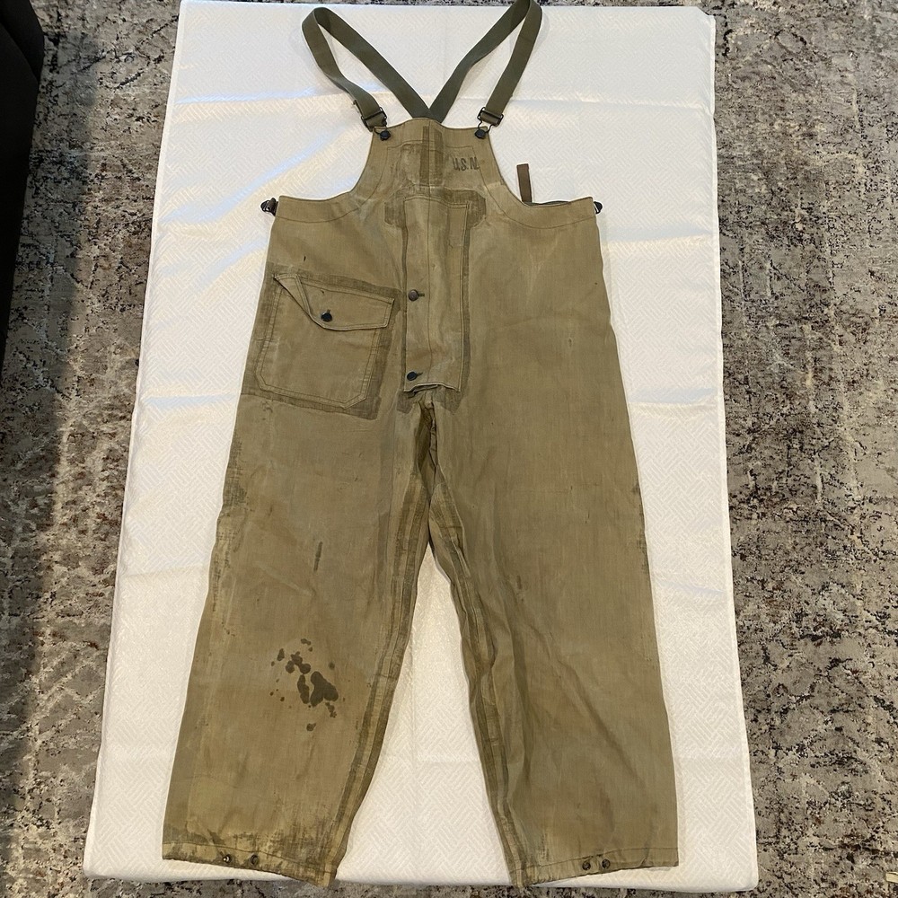ORIGINAL WWII US NAVY WET WEATHER OVERALLS COVERALLS BIBS SMALL USS BRYCE CANYON
