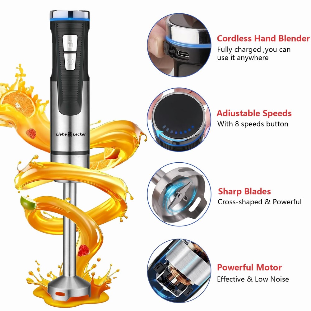 Cordless Hand Blender, Immersion Blender Handheld USB Rechargeable 8 Variable Sp