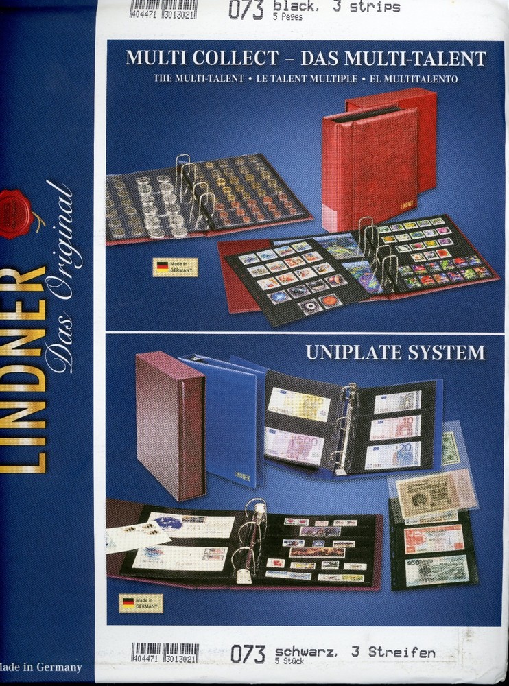 LINDNER UNIPLATE SYSTEM PAGES 073 BLACK 3 ROWS SEALED PACK OF 5 PAGES