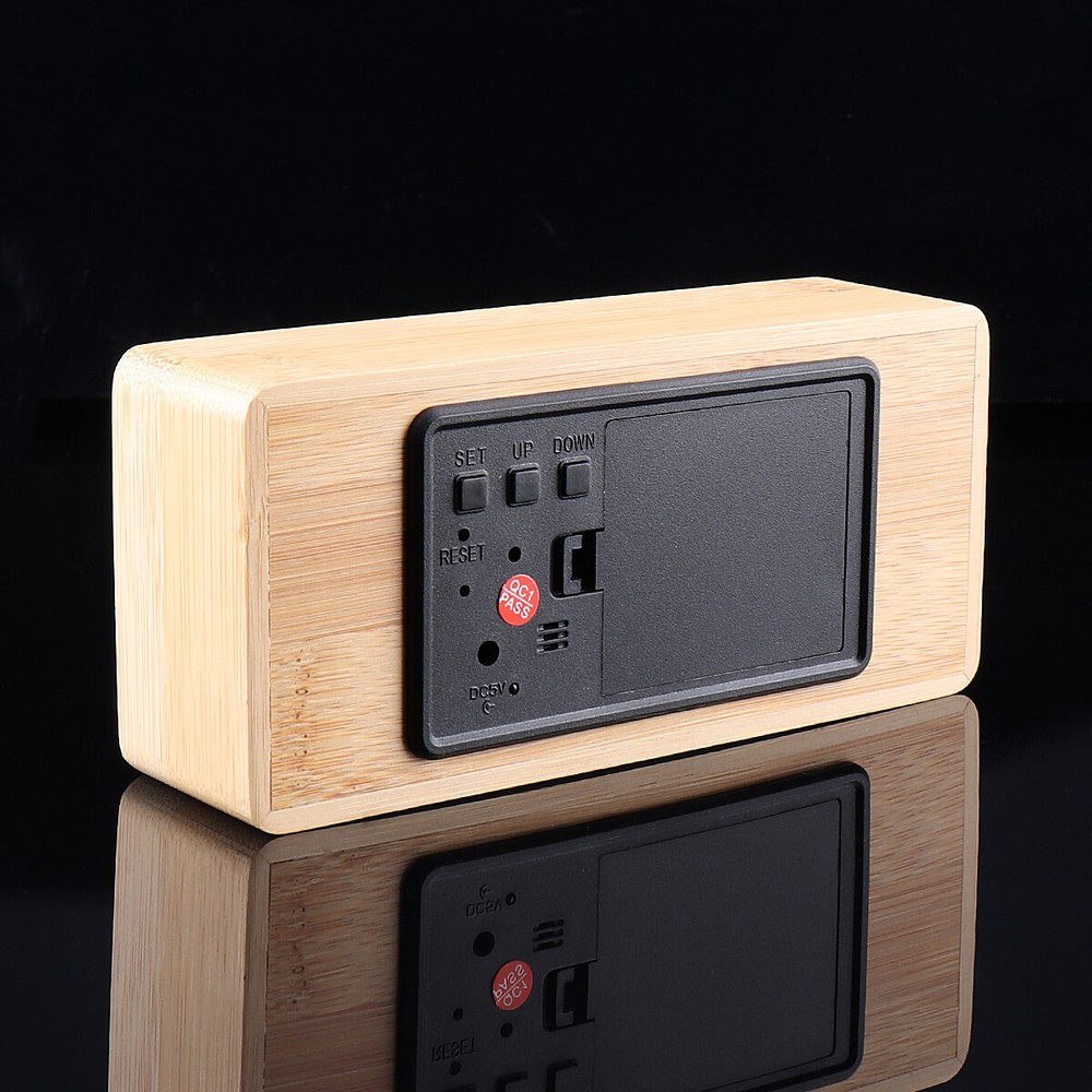 LED Digital Alarm Clock Mirror Double Screen Sound Control Wood Clock