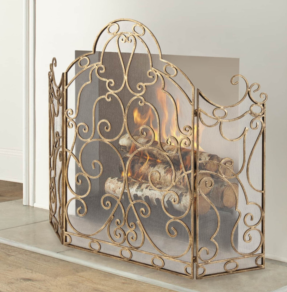 Three-Panel Scroll Iron Fireplace Screen