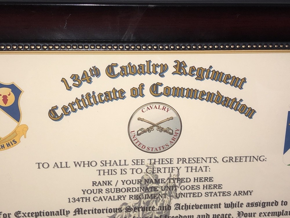 134TH U.S. CAVALRY REGIMENT / COMMEMORATIVE - CERTIFICATE OF COMMENDATION