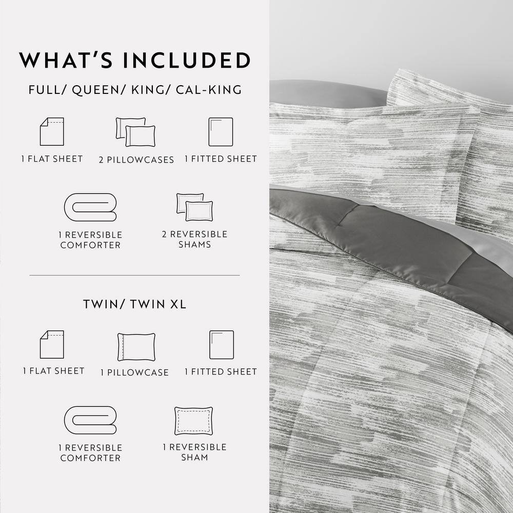 7-Piece Textured Stripe Gray Pattern Comforter Queen Microfiber Bedding Bundle