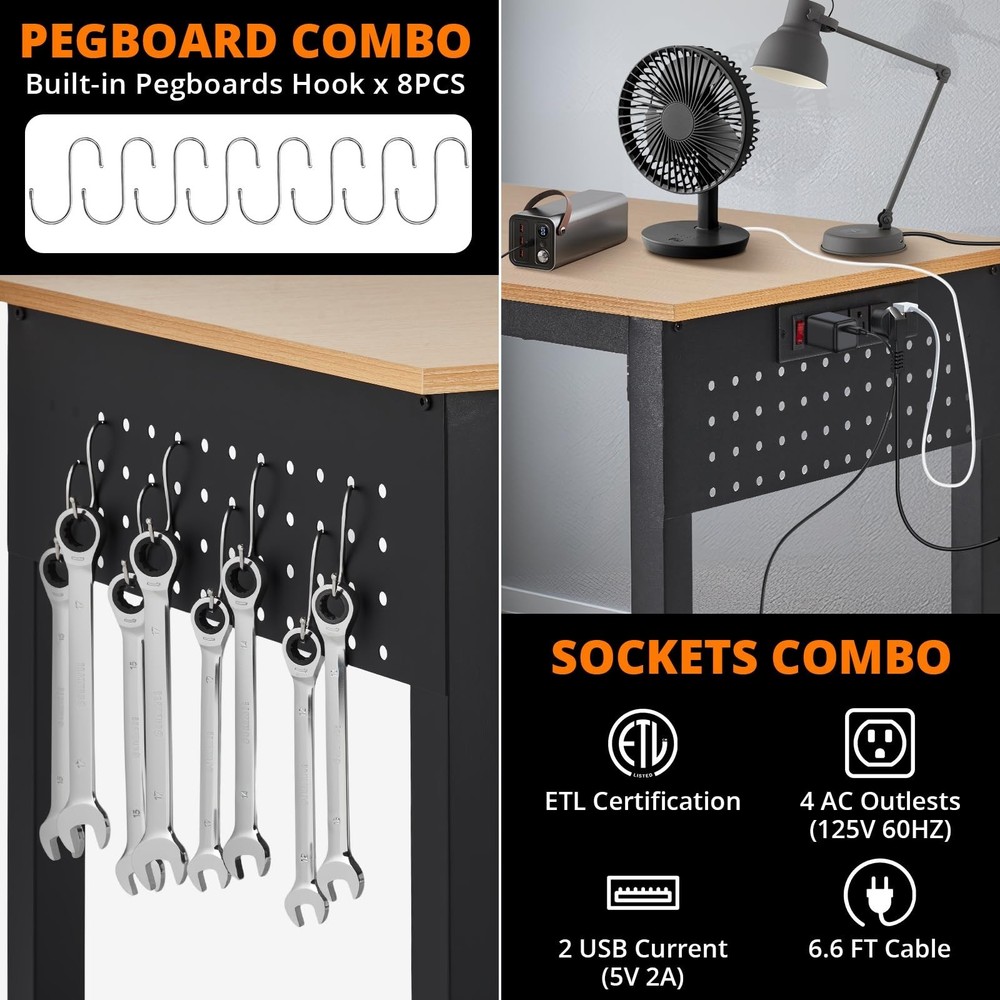 Adjustable Height Workbench with Power Outlets 2000LBS Wood Work Table