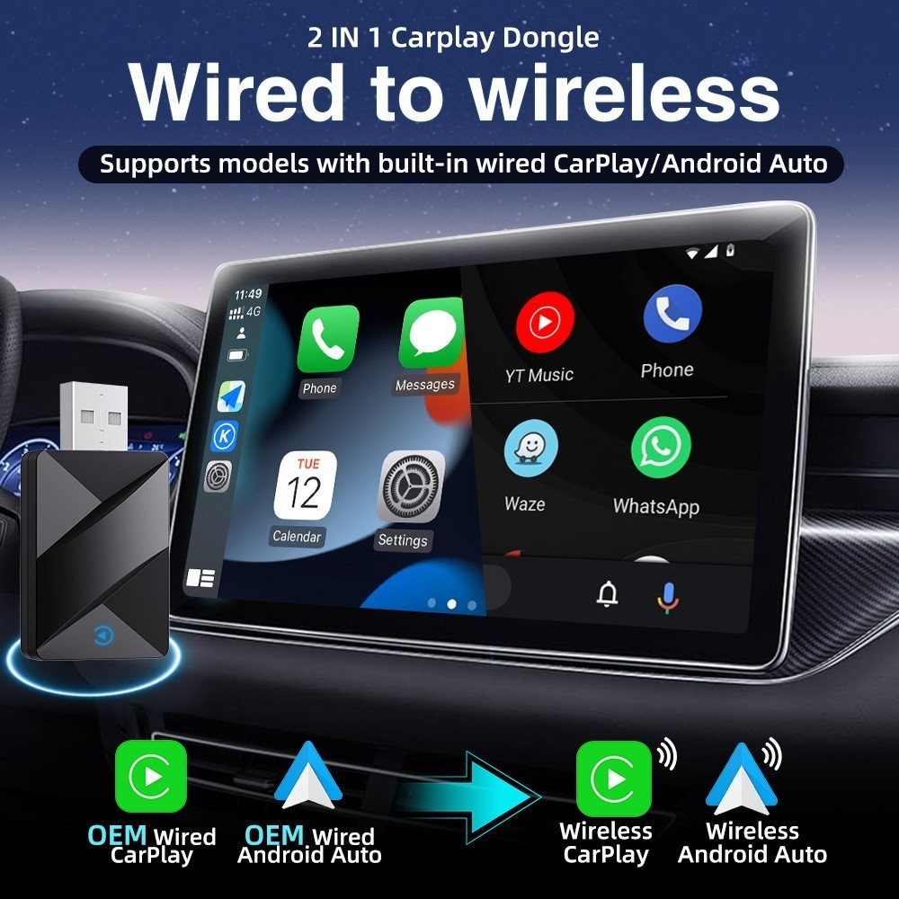 USB Wireless CarPlay Adapter for Apple iPhone & Android Auto Dongle Plug ＆ Play