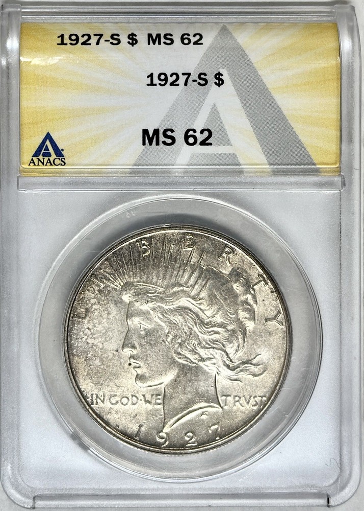 1927 S PEACE SILVER DOLLAR ANACS MS62