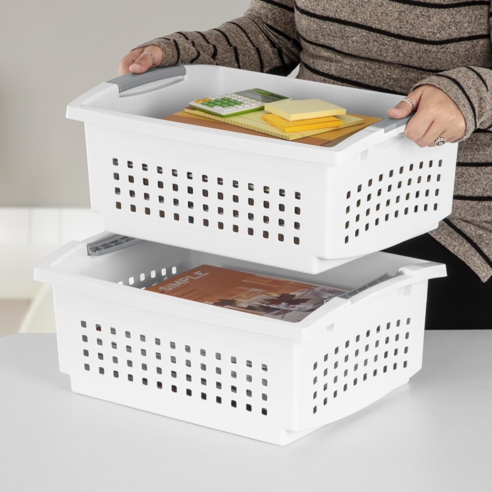 Large Open Plastic Storage Bin Stacking Basket White Space Saving Organizer