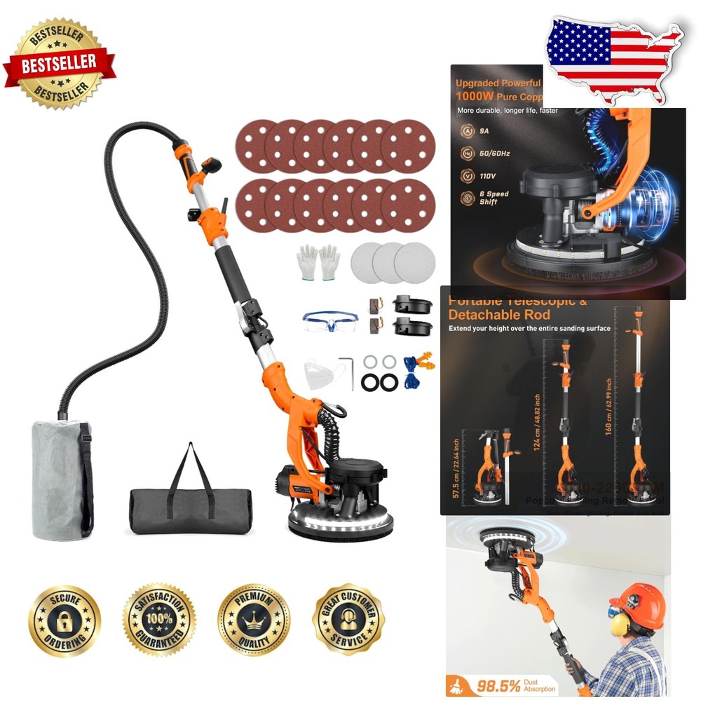 Powerful Drywall Sander - 1000W, Auto Vacuum, Extendable, LED, 2200RPM