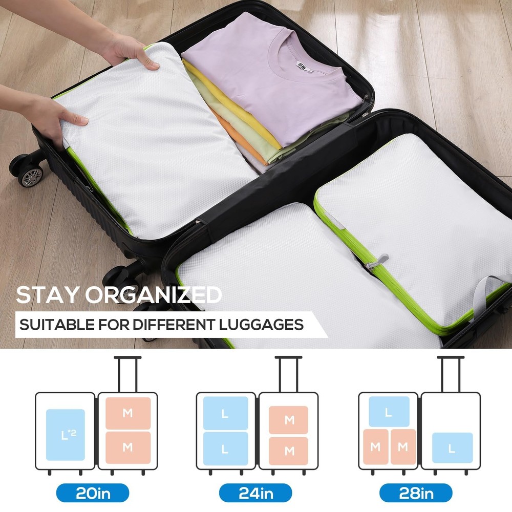 Compression Packing Cubes, 6 Set Cubes for 6 Set, White and Green