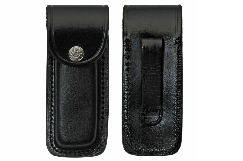 Folding Knife Sheath | Black Real Leather Snap-Button Case for 5" Folding Knives