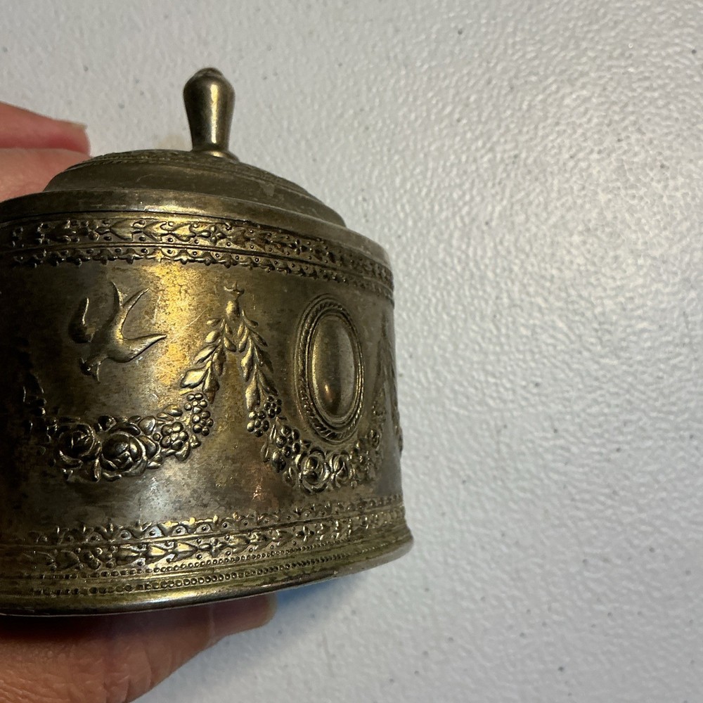 Vintage Silver Metal Ornate Jewelry Trinket Box Butterfly Swallow Floral Garland
