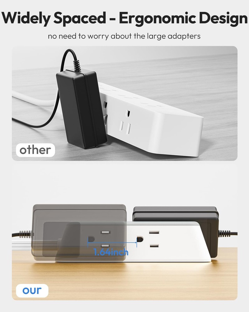15 ft White Flat Plug Power Strip with USB C Surge Protector Wall Mount