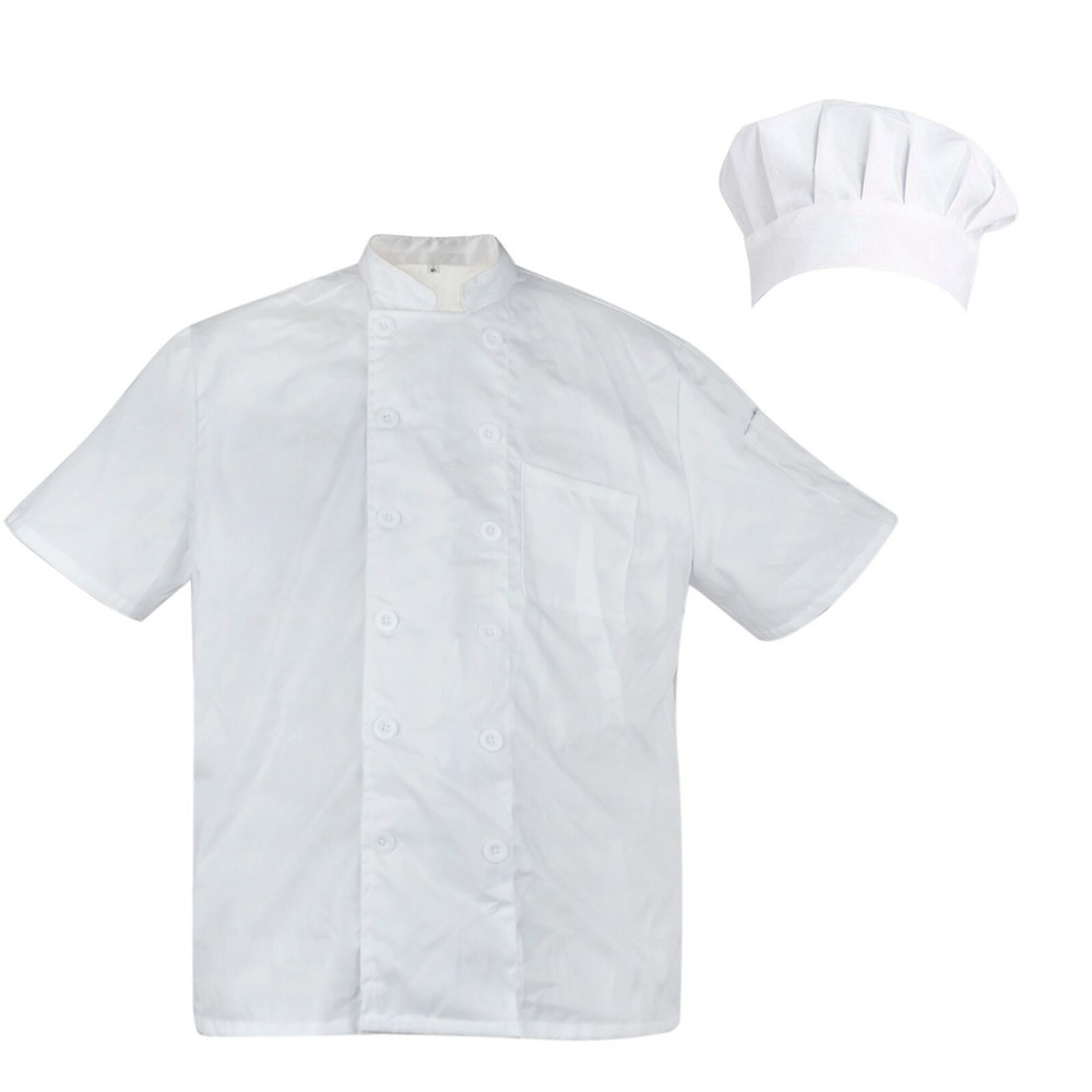 Unisex Cooking Chef Coat Jacket Kitchen Uniform Cooker Work with Adjustable Hat