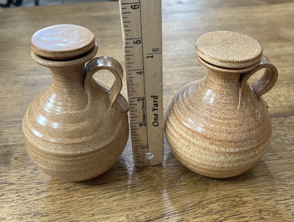 Art Pottery Mini Pitchers Glaze With Lids Rustic Decorations 2 Pcs.