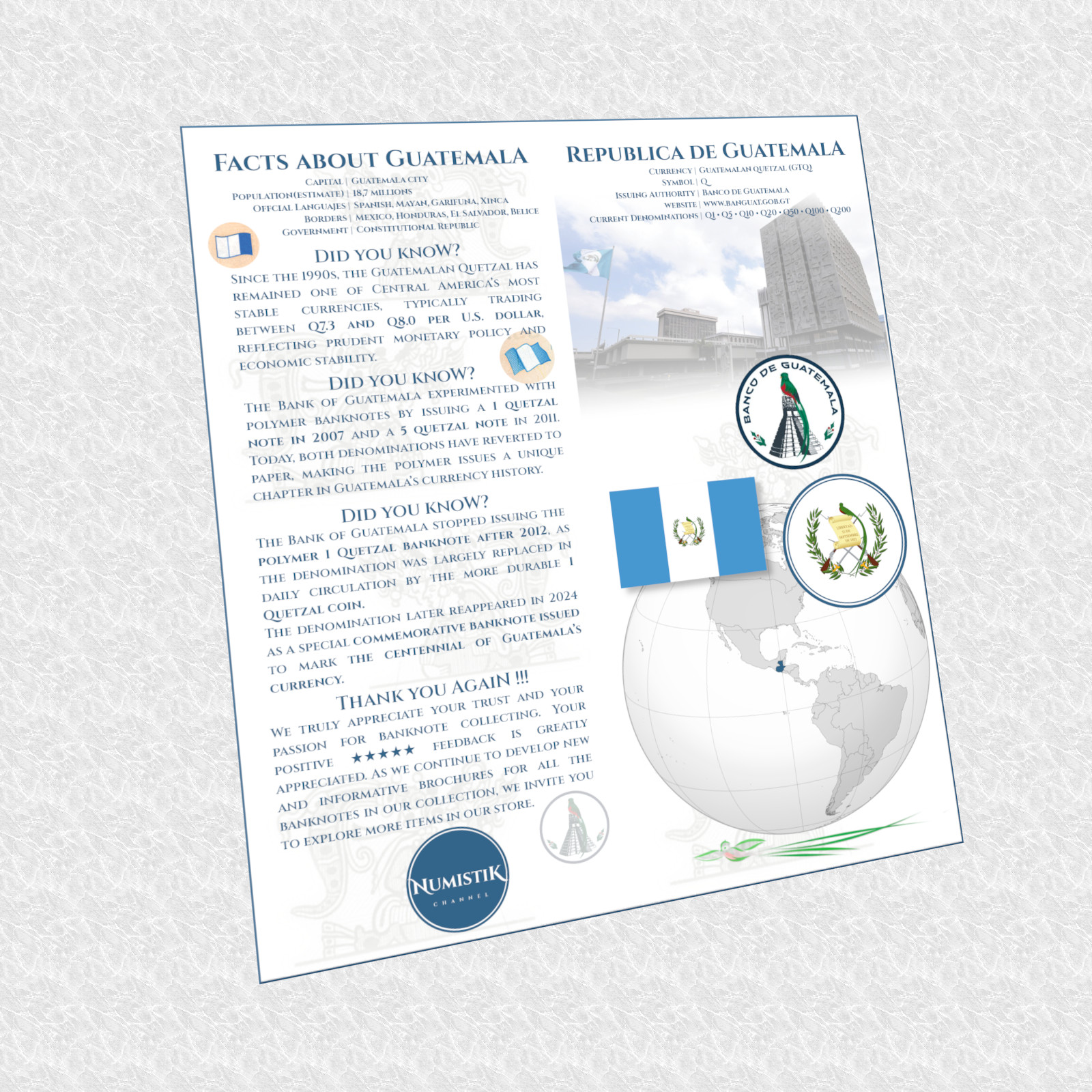 Guatemala 1, 5 & 20 Quetzals -Commemorative- UNC Banknote Set