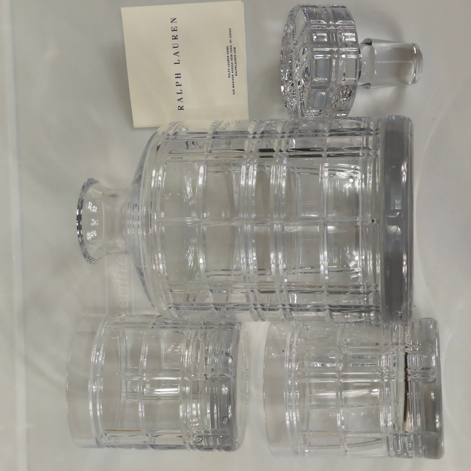 Ralph Lauren Hudson Plaid Crystal Decanter and 2 Glasses Gift Set