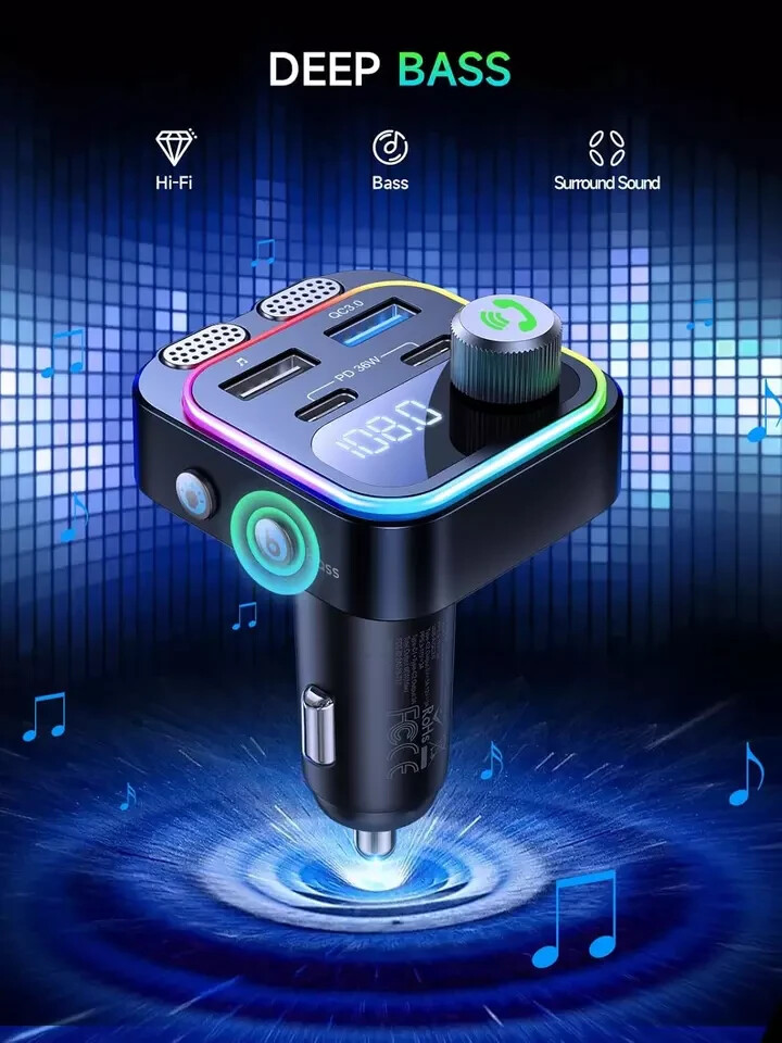 60W Bluetooth 5.4 FM Transmitter Car Adapter [Reinforced Dual Mics & Deep Bass]