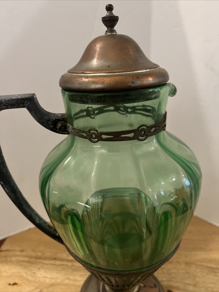 Cresent silver triple plate silver & Green glass pitcher.