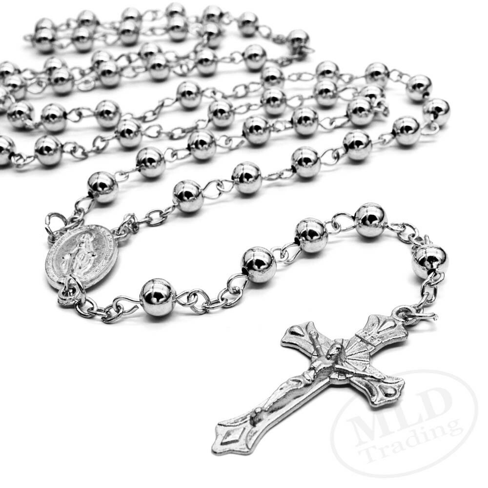 Silver Tone Metal Catholic Rosary Necklace 6mm Round Prayer Beads Virgin Mary