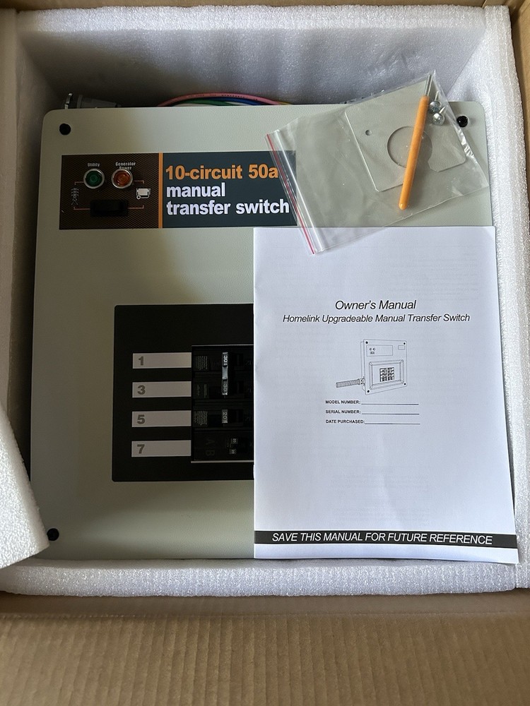 50 Amp Manual Transfer Switch, 240V Generator Hookup,  Pre-Wired Transfer Switch