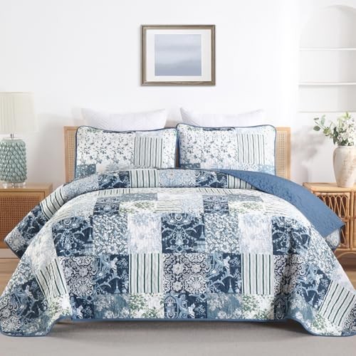 Patchwork Pattern Quilt Set Size Plaid Reversible Bedspread Coverlet Queen Blue