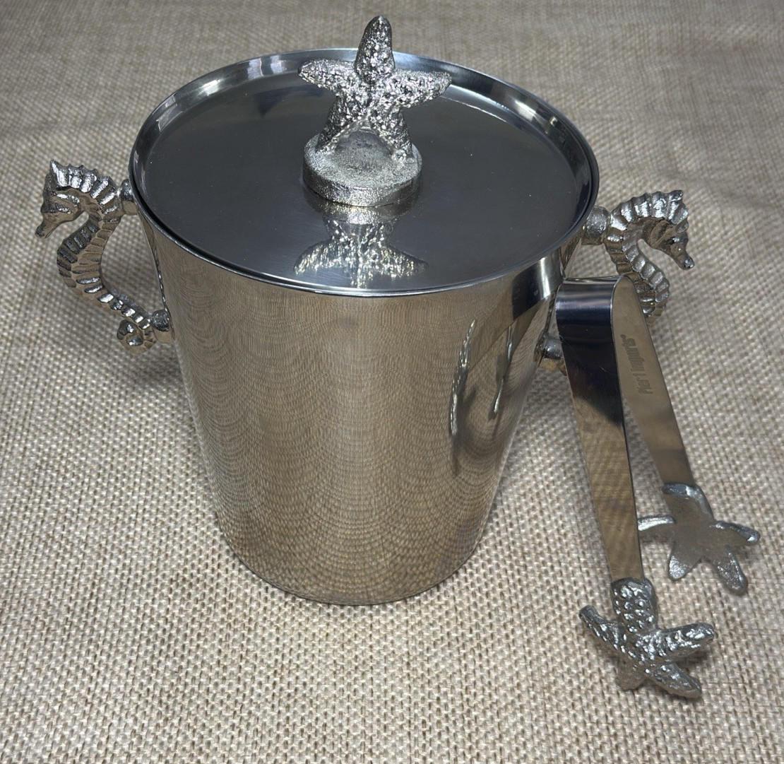 Pier 1 Starfish Ice Bucket Seahorse Stainless Steel Lid Ice Tongs Coastal Decor