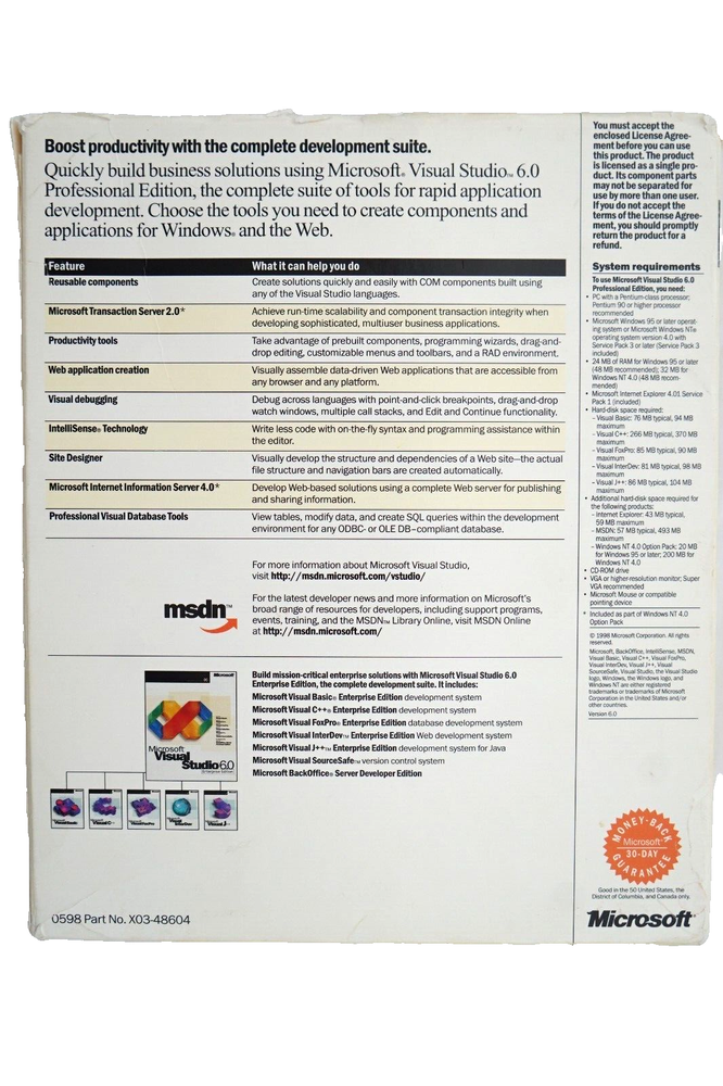 Microsoft Visual Studio Professional 6.0 UPGRADE or FULL VERSION WIN 95 thru 11