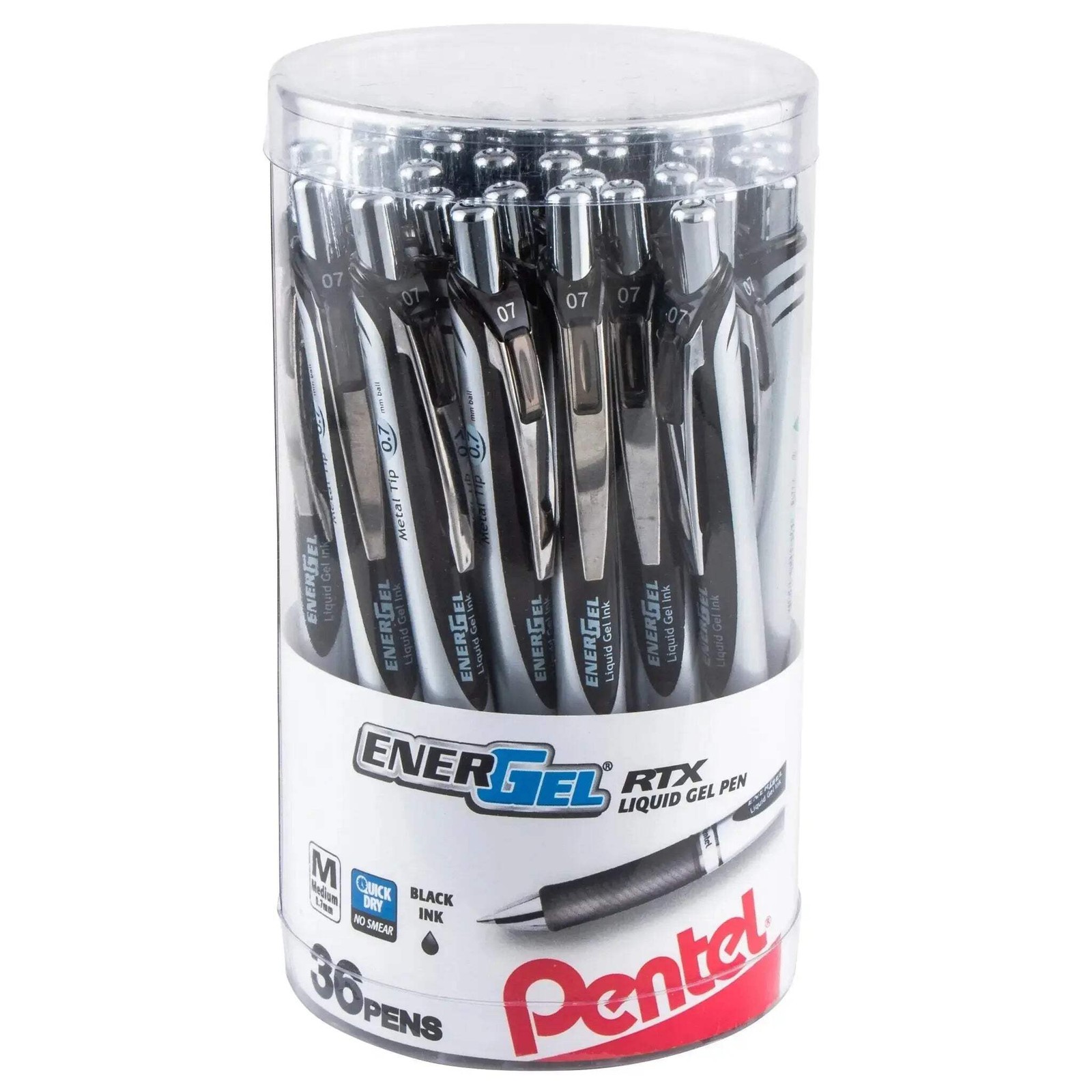 Pentel EnerGel RTX Refillable Liquid Gel Pen, 0.7mm, Black Ink 36-pc Canister